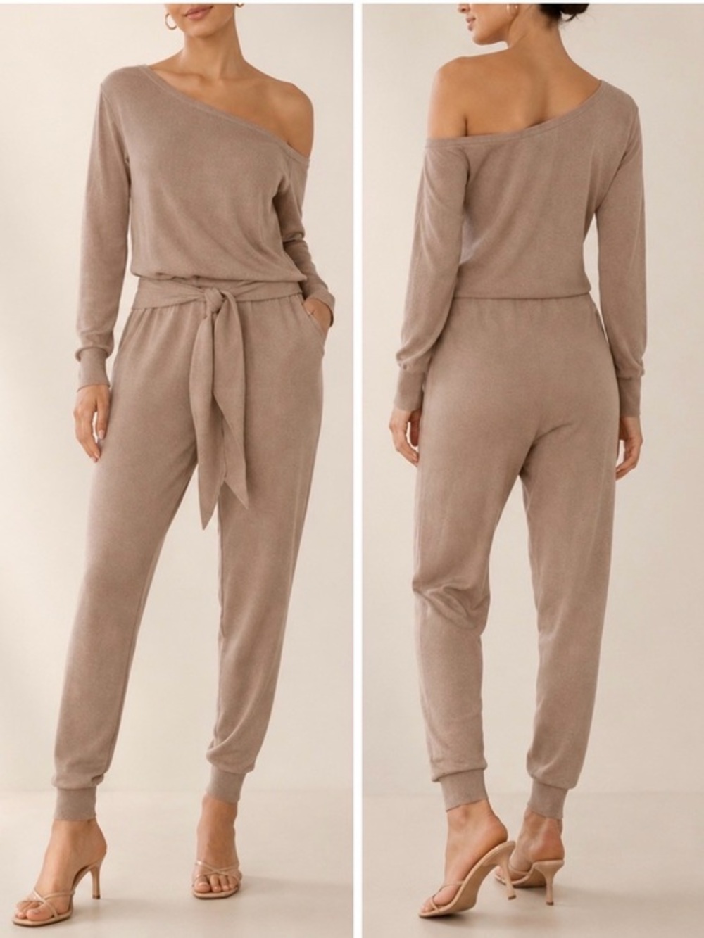 Majorelle Charlotte Knit Taupe Off Shoulder Tie Waist Loungewear Jumpsuit